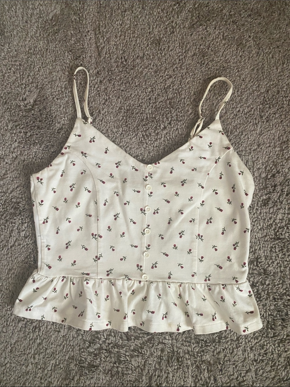 Forever 21 White Cami with Red Floral Print and Ruffle Hem